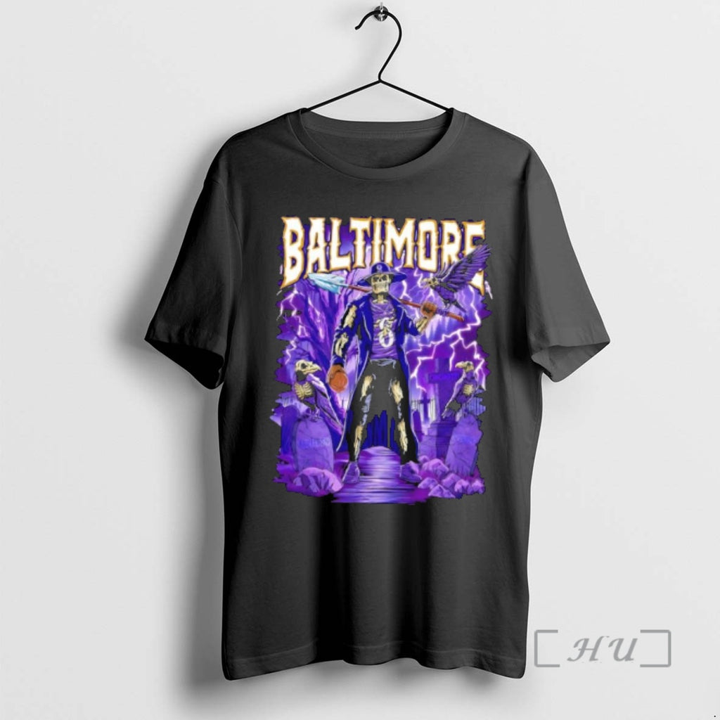 Officials Baltimore Purple Skeleton Grave Digger Shovel Player With Ravens Halloween Football Premium T Shirts