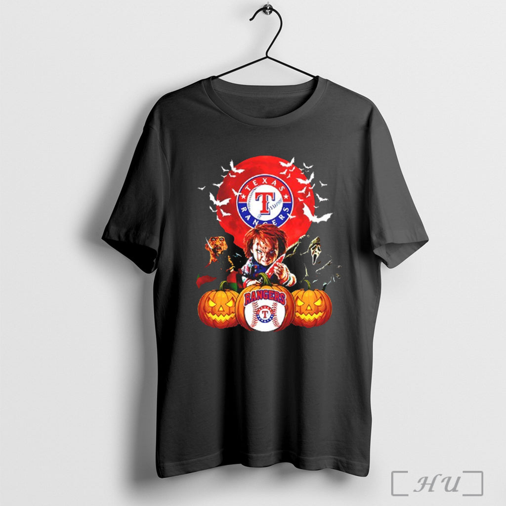 Officials Freddy Krueger Chucky And Ghostface Moon Texas Rangers Mlb Halloween 2025 V Neck