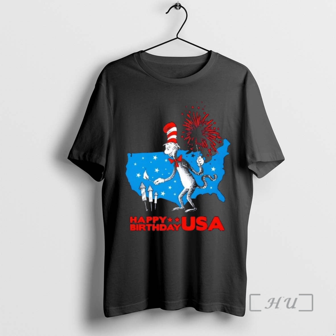Officials Happy Birthday Usa Cat In The Hat Fireworks American Map Premium T Shirts Sweater Hoodie, Sweatshirt