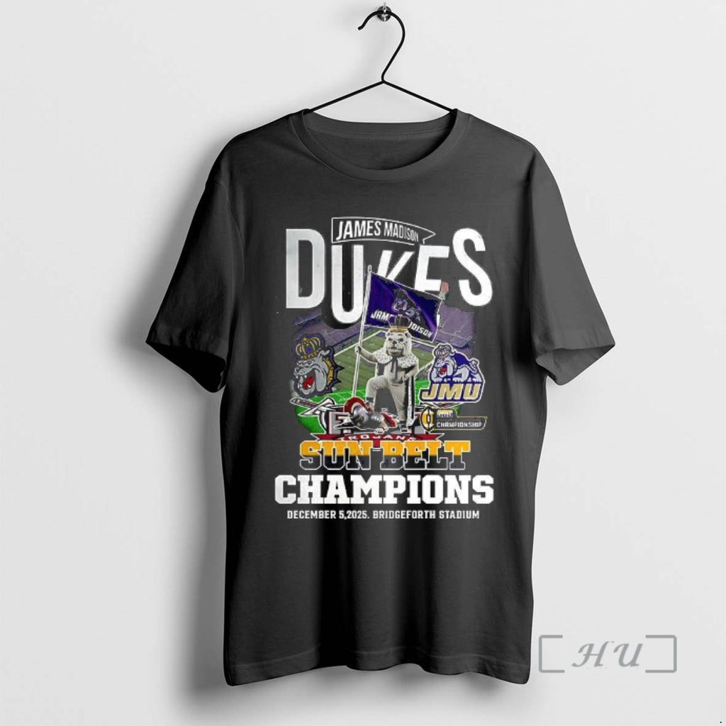 Officials James Madison Dukes Beat Troy Trojans Sun Belt Champions 2025 Mascot Premium T Shirts