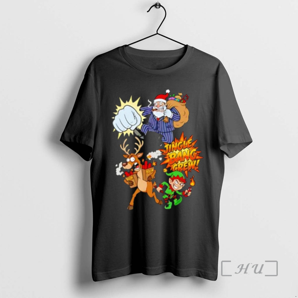 Officials Jingle Bang Crew Funny Mafia Santa Reindeer And Elf Christmas Cartoon Premium T Shirts