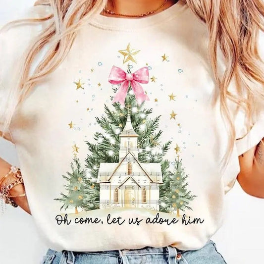 Oh Come Let Us Adore Him Christmas Sweatshirt, Hoodie, T - Shirt, Watercolor Christmas Tree Girly Shirt, Christmas Lights Hand Drawn Shirt