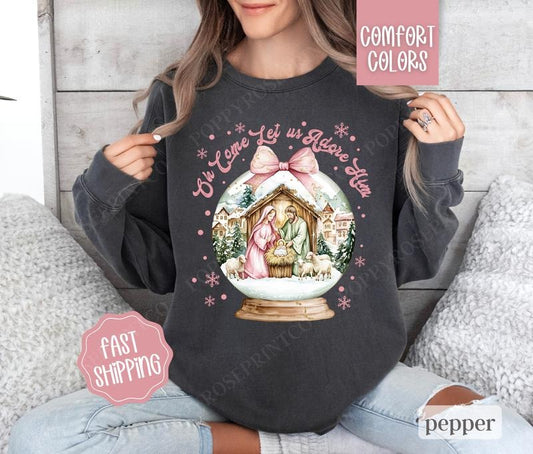 Oh Come Let Us Adore Him Comfort Colors Sweatshirt, Holiday Sweater Womenswear, Xmas Crewneckstyle{n002}4