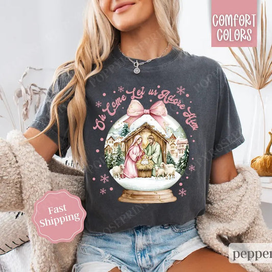 Oh Come Let Us Adore Him Shirt Comfort Colors, Christian Christmas Tshirt, Religious Holiday Tshirt, Women's Holiday Teestyle{n002}2