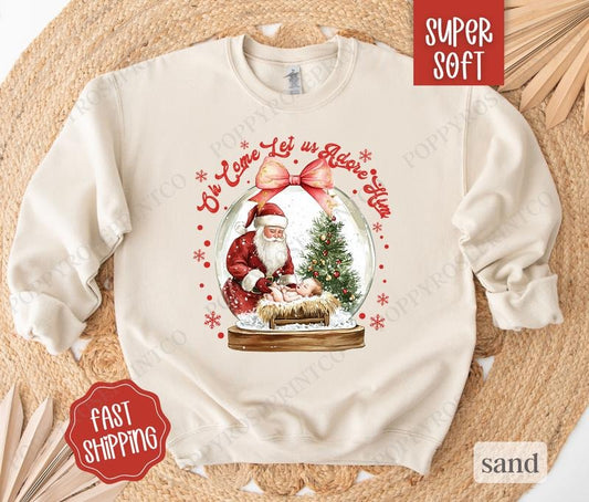 Oh Come Let Us Adore Him Sweatshirt, Christmas Sweater, Women's Holiday Crewneck