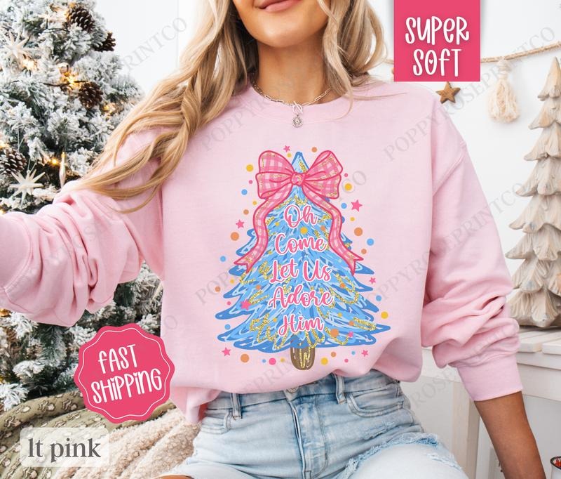 Oh Come Let Us Adore Him Sweatshirt, Christmas Sweater, Women's Holiday Crewneckstyle{n002}2