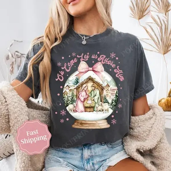 Oh Come Let Us Adore Him T-Shirt, Christian Christmas Tshirt, Religious Holiday Tshirt, For Men, For Women, 100% Cotton, Crew Neck, Slight Stretch, Breathable & Wear-Resistant, All-Season Short Sleeve Tee, Perfect for Outdoor & Daily Fashion