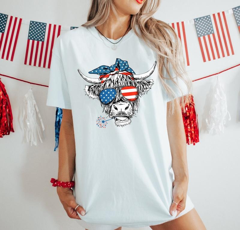Oh My Stars Cow Shirt, 4th Of July Cow Shirt, Highland Cow shirt, Highland Cow With 4th July Gift, American Flag Shirt,...