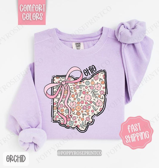 Ohio Floral Bow Comfort Colors Sweatshirt, Cute Trendy State Coquette Pullover
