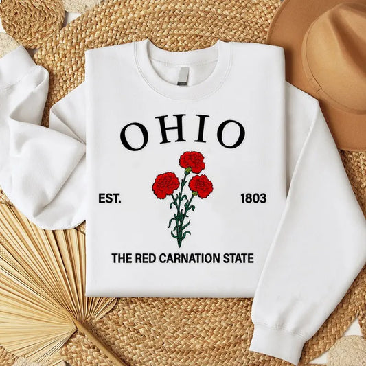 Ohio Red Carnation Embroidered State Flower Sweatshirt, Hometown Embroidered Shirt, Favorite Flower Embroidered Shirt Hoodie