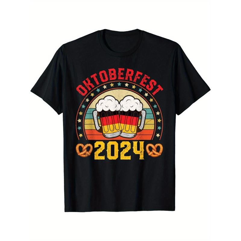 Oktoberfest 2024 Celebration T-Shirt, Adult Cotton Knit Fabric, Regular Fit Crew Neck, Short Sleeve, Geometric-Pattern with Cotton Lining for All-Season Wear Made in USA