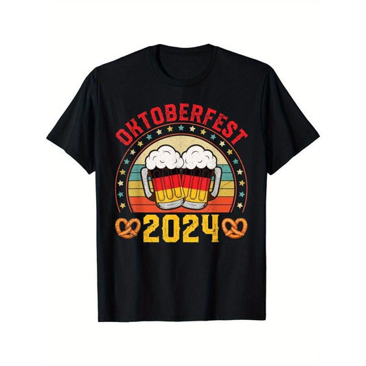 Oktoberfest 2024 Celebration T-Shirt, Adult Cotton Knit Fabric, Regular Fit Crew Neck, Short Sleeve, Geometric-Pattern with Cotton Lining for All-Season Wear Made in USA