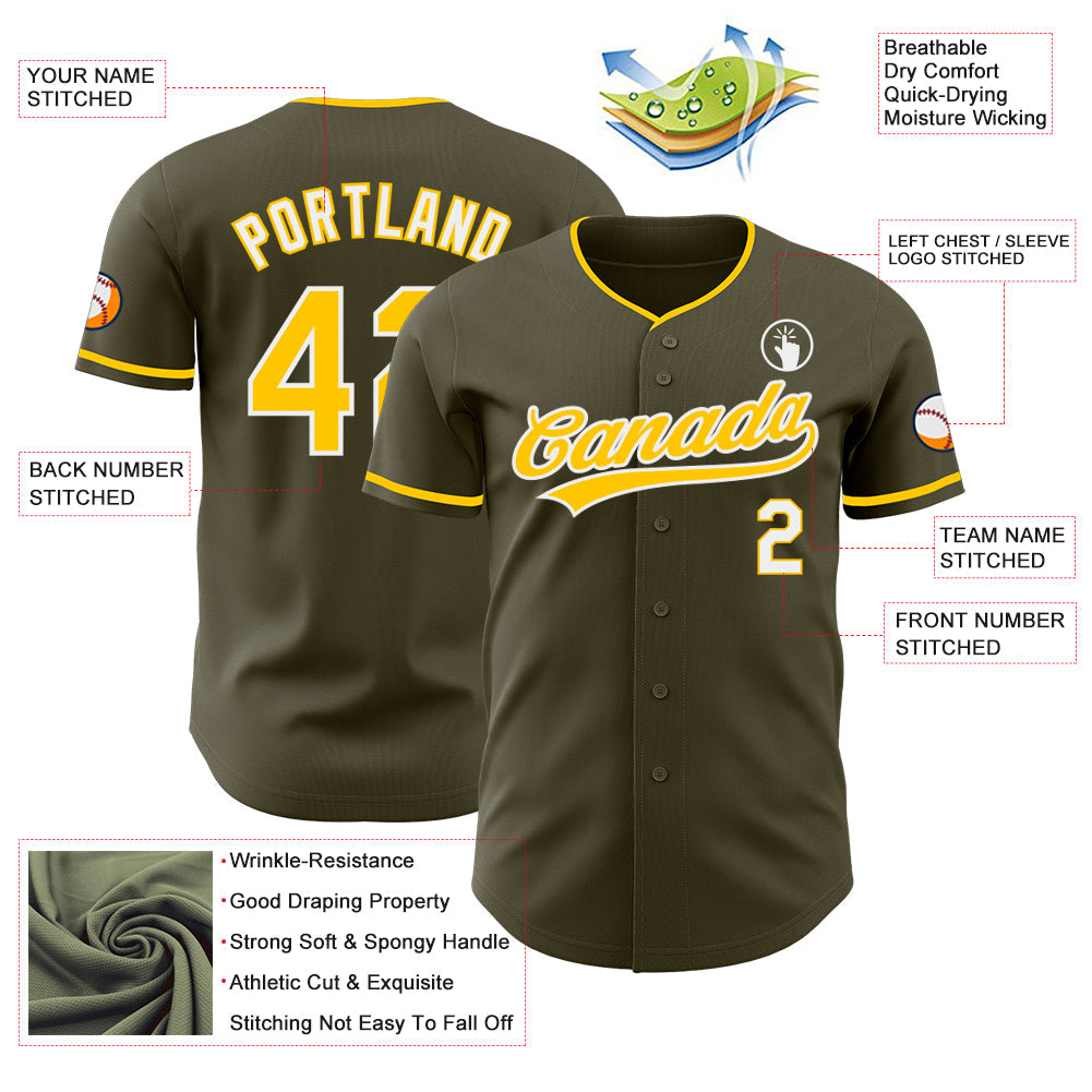 Custom Olive Yellow-White Authentic Baseball Jersey