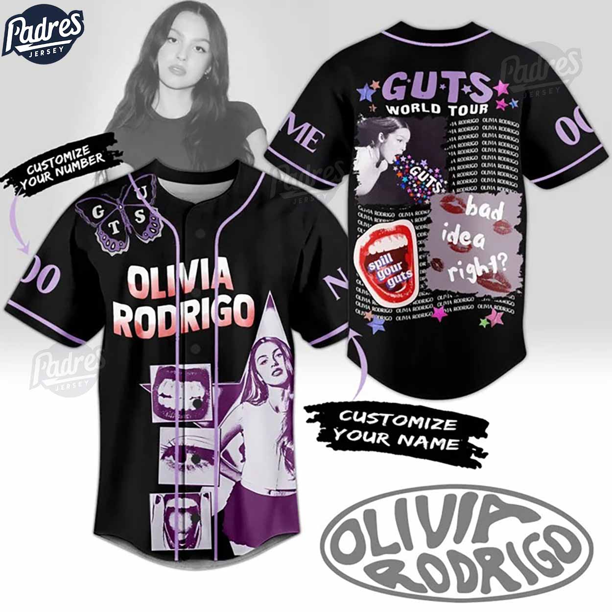 Olivia Rodrigo Guts World Tour Custom Black Baseball Jersey Style - Padres Jersey Oasis: Elevate Your Baseball Style Game