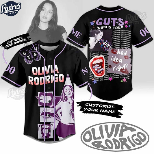 Olivia Rodrigo Guts World Tour Custom Black Baseball Jersey Style - Padres Jersey Oasis: Elevate Your Baseball Style Game