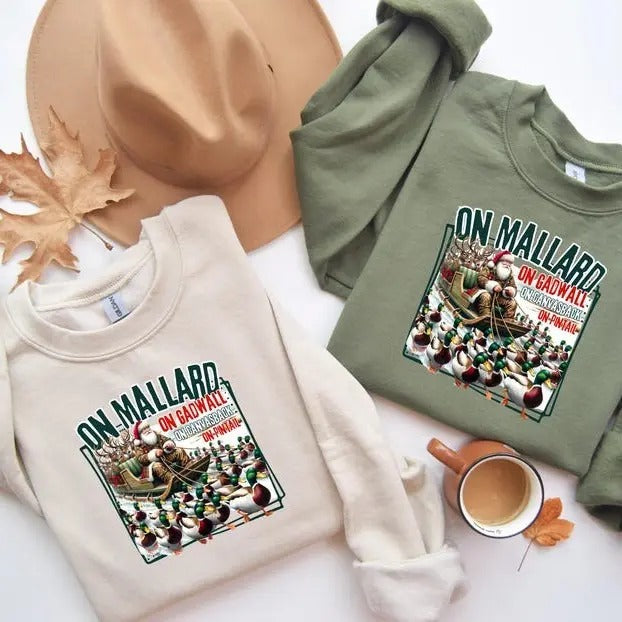 On Mallard On Gadwall Christmas Shirt, Funny Duck Hunting Santa Design, Outdoor Waterfowl Hunting Top, Sportsman Sweatshirt, Santa Sleigh