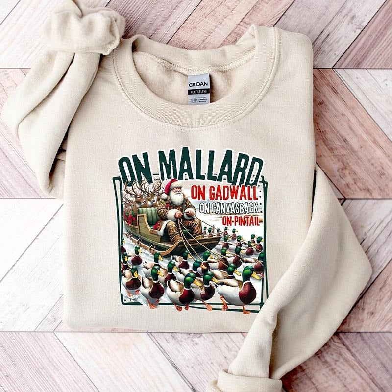 On Mallard On Gadwall Christmas Sweatshirt, Funny Duck Hunting Santa Shirt, Outdoor Waterfowl Hunting Top, Sportsman Sweatshirt, Santa Sleigh