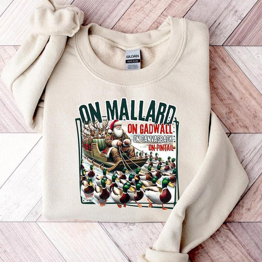 On Mallard On Gadwall Christmas Sweatshirt, Funny Duck Hunting Santa Shirt, Outdoor Waterfowl Hunting Top, Sportsman Sweatshirt, Santa Sleigh