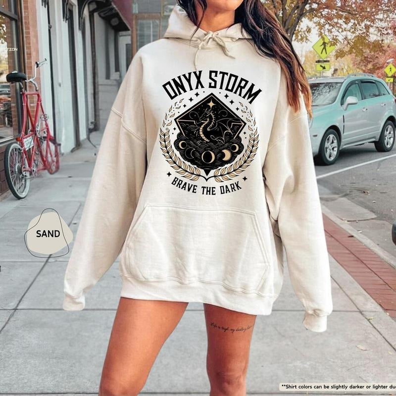 Onyx Storm Brave The Dark Hoodie, Dragon Lover Sweatshirt, Fantasy Rider Sweater, Fantasy Bookish Gift, Book Lover Sweat, Fourth Wing Hoodie
