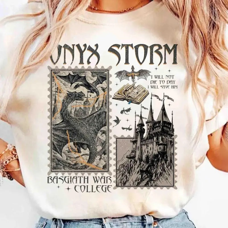 Onyx Storm Fourth Wing T-Shirt, I will not die today I will save him shirt, Basgiath War College Sweater, Fourth Wing Series Shirt, The Empyrean Sweatshirt, Fantasy Book Tee Shirt, Gift For Romantasy Reader