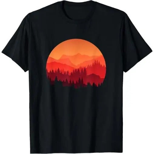 Orange Mountain and Forest Scene Silhouette Graphic T-Shirt Made in USA