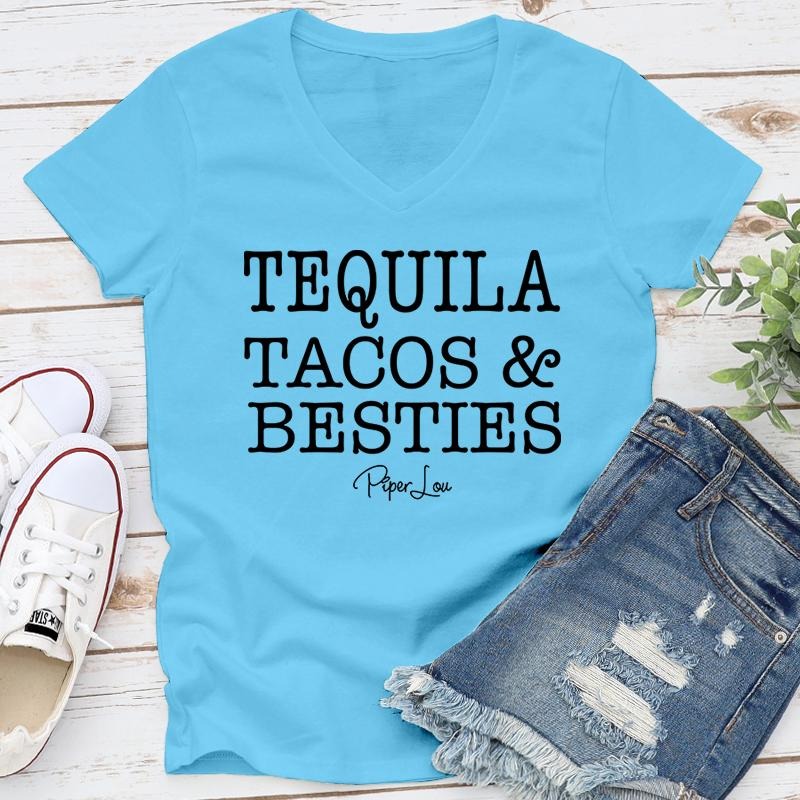 Tequila Tacos Besties Apparel, Proudly Printed In The USA, Tee / Tank / V Neck Gray / White / Blue / Hot Pink / Orange, #sassy #cute #blackprint