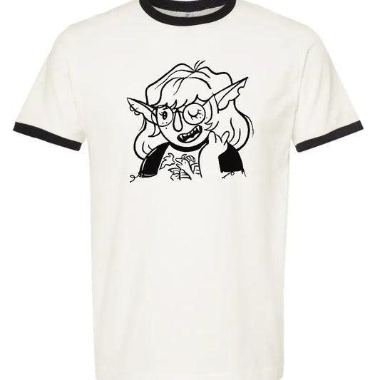 Orc girl black and vintage white style ringer in unisex. (Size down).