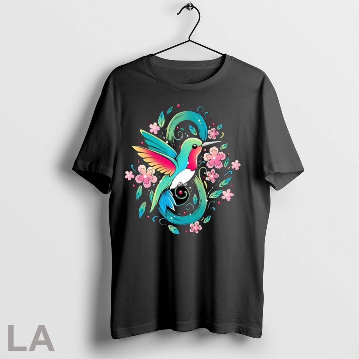 Original Colorful Hummingbird With Pink Flowers And Leaves