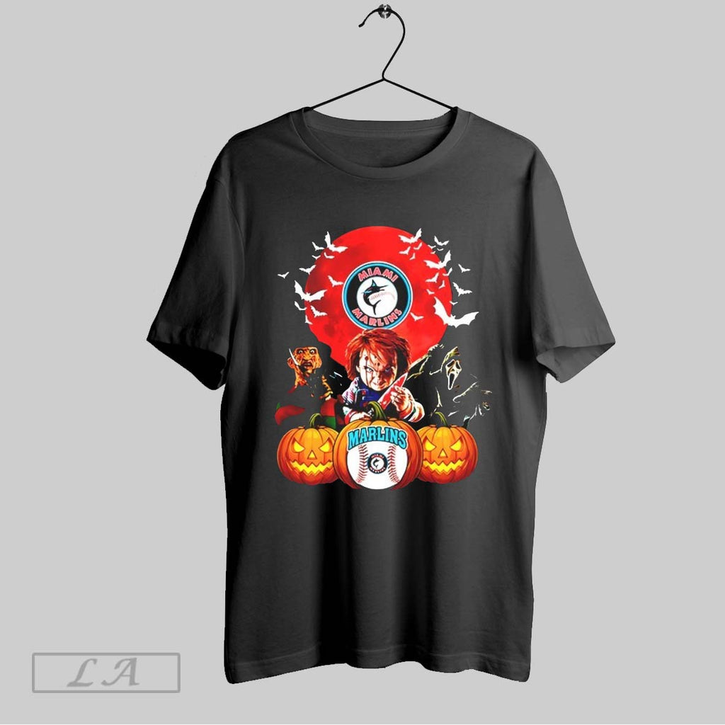Original Freddy Krueger Chucky And Ghostface Moon Miami Marlins Mlb Halloween 2025 V Neck