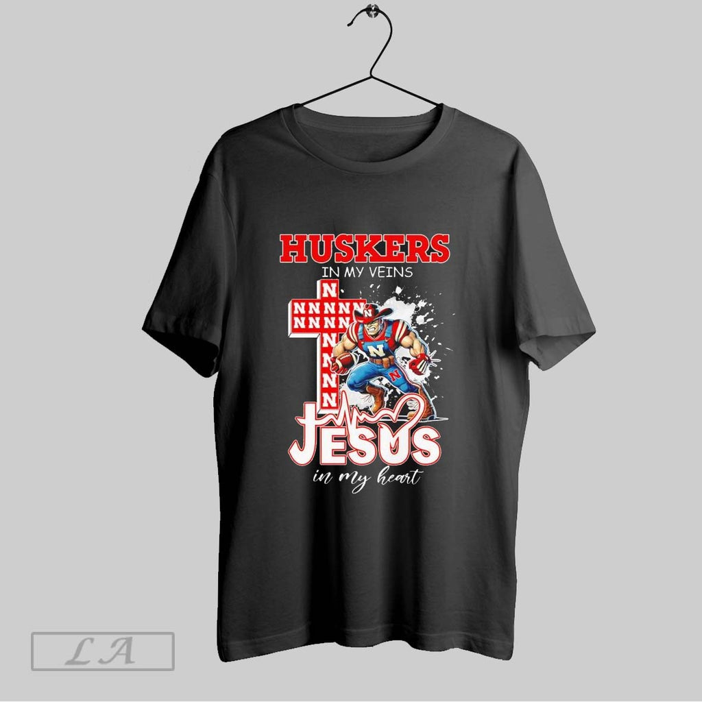 Original Nebraska Cornhuskers Football In My Veins And Jesus In My Heart Cross Christians Mascot