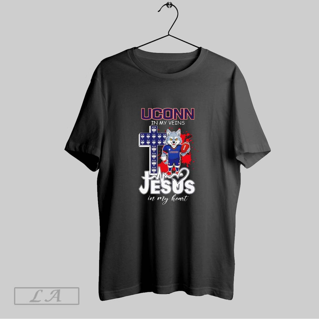 Original Uconn Huskies In My Veins And Jesus In My Heart Christian Football Lover Mascot