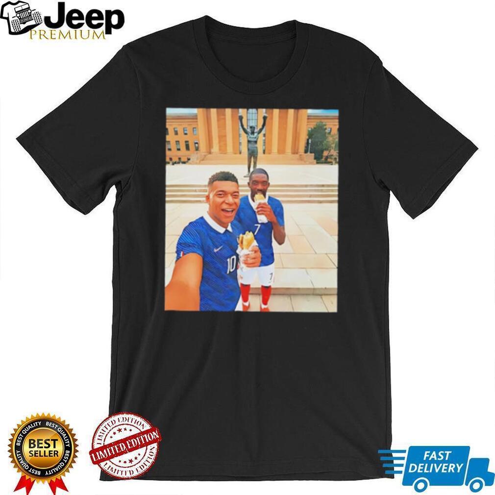 Ousmane Dembele & Kylian Mbappe posing in front of Philadelphia Museum of Art shirt