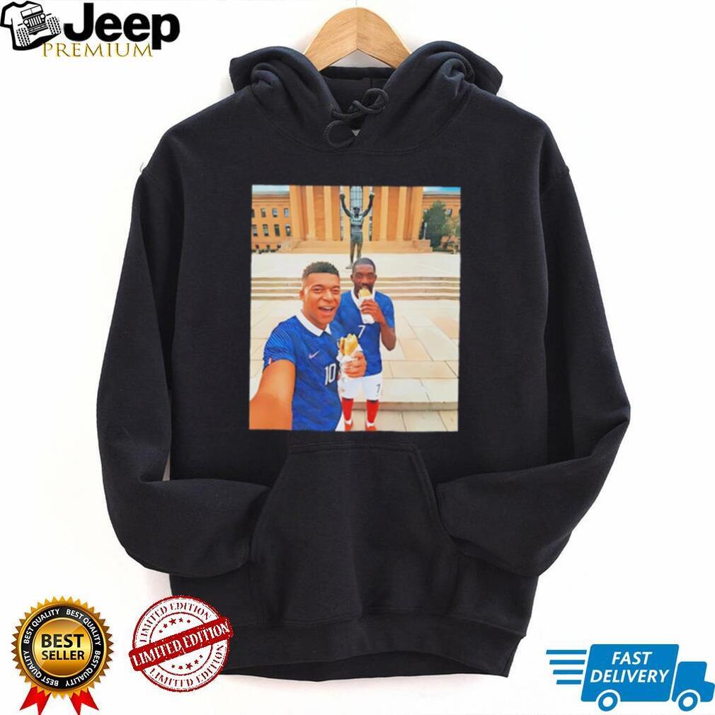 Ousmane Dembele & Kylian Mbappe posing in front of Philadelphia Museum of Art shirt