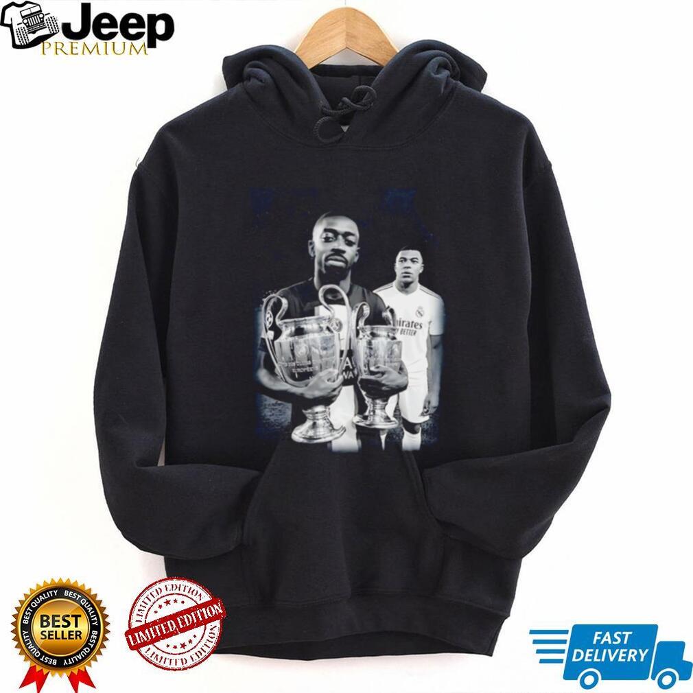 Ousmane Dembele and Kylian Mbappe Paris Saint Germain double trophies shirt