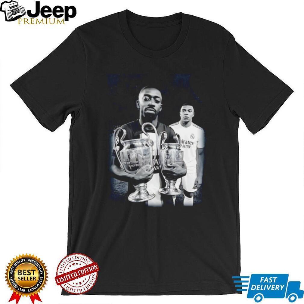 Ousmane Dembele and Kylian Mbappe Paris Saint Germain double trophies shirt