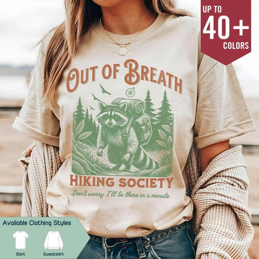 Out of Breath Hiking Society Shirt, Funny Raccoon Tee, Trash Panda Shirt, Retro Hiking T-shirt, Nature Lover Apparel, Y2K Raccoon Shirt