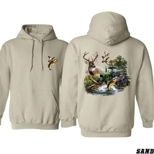 Outdoor Adventure Hoodie - Bold Deer, Bass, Ducks, and Tractor Design, Perfect for Hunting, Fishing, and Farming Enthusiasts, Unisex Hoodie Offering Comfort, Showcasing Southern Outdoor Heritage and Sporting Traditions Menswear Sweaters