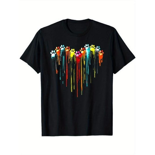 Outdoor men's clothing quality materials, colorful dog paw print Love print T-shirt