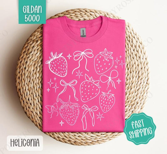 Outlined Strawberries Gildan Shirt, Cute Spring Tee, Fruit Tshirt