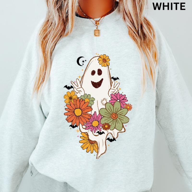 Oversized Halloween Crewneck Sweatshirt, Floral Ghost Crewneck, Retro Sweatshirt Graphic Oversized Halloween Graphic...