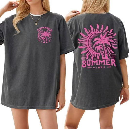 Oversized Summer Vibes Shirt for Women Hawaiian Beach Vacation Party Tee Tops Vintage Sunshine Coconut Tree Graphic Top