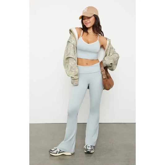 PAC 1980 Women's PAC WHISPER Active Gray Fold-Over Waistband Flare Yoga Pants