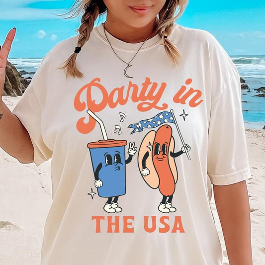 PARTY IN THE USA HOT DOG SHIRT, 4TH OF JULY SHIRT, JULY 4TH SHIRT UNISEX COTTON SHIRT, OVERSIZED HOLIDAY SUMMER SHIRT Comfort Fabric