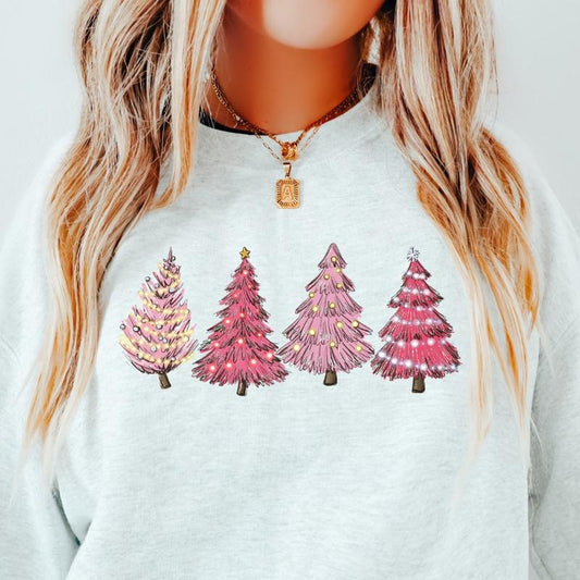 PINK CHRISTMAS TREE CREWNECK (Crewneck Sweatshirt, Unisex Fit, Causal Sweatshirt for Christmas, Christmas Holiday Sweatshirt) Casual Womenswear Everyday Hoodie