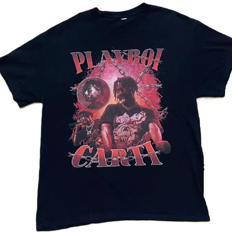 PLAYBOI Red Rap Graphic Short Sleeve Black T-Shirt Men's and Women's, Daily Casual, Grahpic tees, Cotton T-Shirt, Crew...