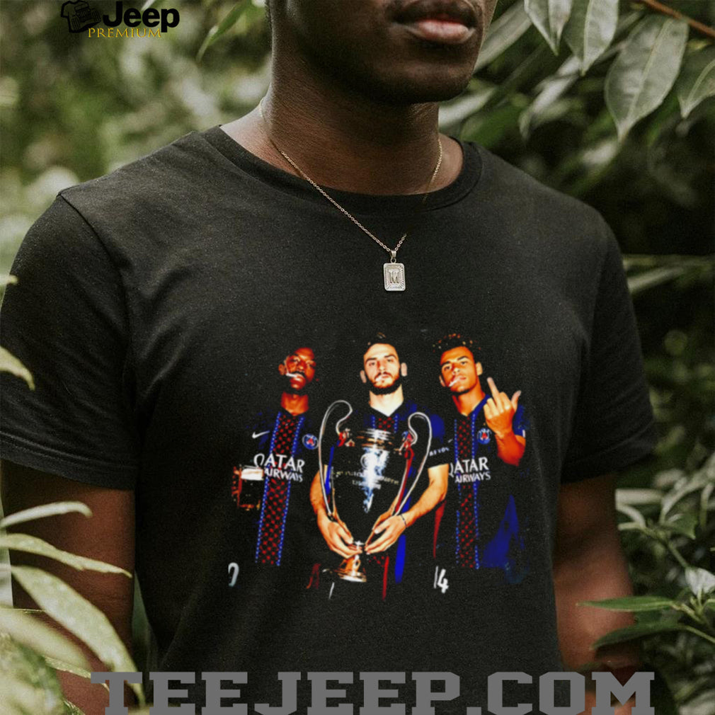 PSG Khvicha Kvaratskhelia and Ousmane Dembele and Desire Doue trophy shirt