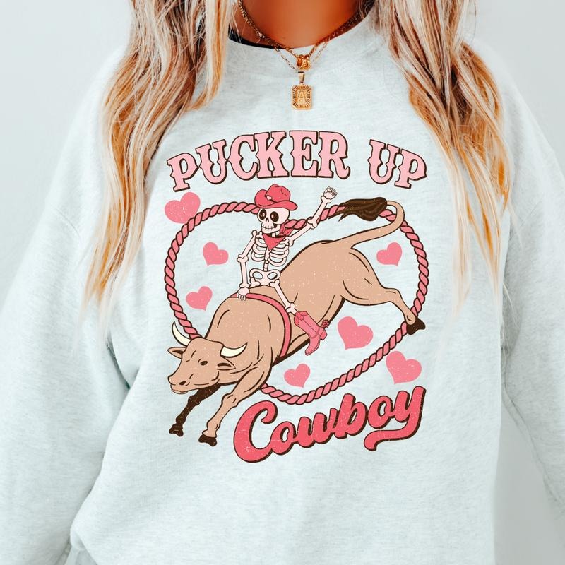 PUCKER UP COWBOY CREWNECK (Crewneck Sweatshirt, Unisex Fit, Casual Sweatshirt for Valentines Day, Holiday Sweatshirt) Womenswear Hoodie