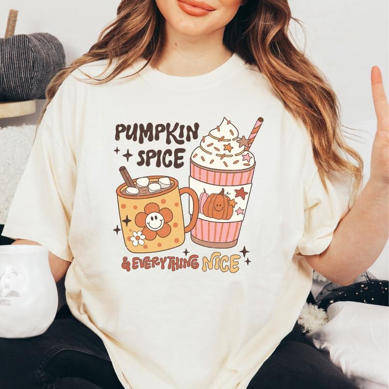 PUMPKIN SPICE AND EVERYTHING NICE SHIRT (COMFORT COLORS T-SHIRT, CAUSAL SHIRT UNISEX, FALL CLOTHING, GRAPHIC APPAREL) Cotton Fabric
