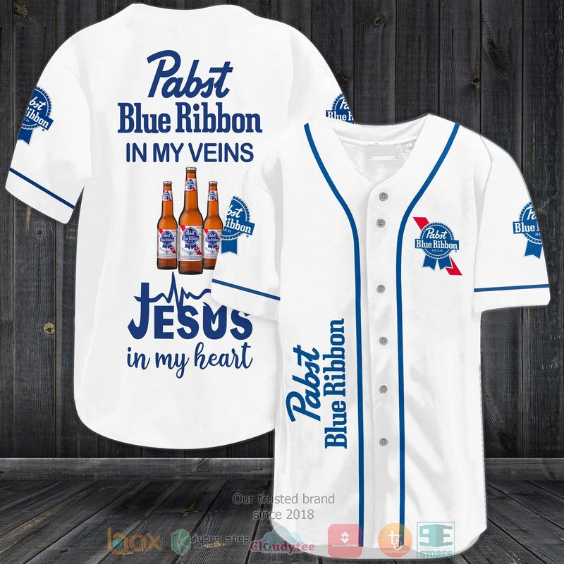 Pabst Blue Ribbon in my veins Jesus in my heart white Baseball shirt