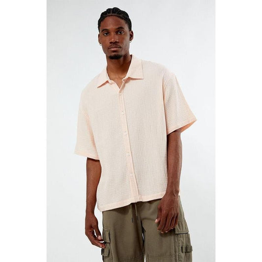 PacSun Men's Pink Cropped Boxy Gauze Camp Shirt